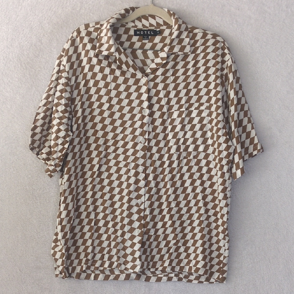 MOTEL Unisex Brown & White Checkered Button Down Shirt Size M